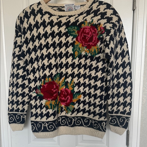 Cape Isle Knitters Sweaters - Cape Isle Knittners Handmade Navy and Cream Sweater with Pink Floral Accents